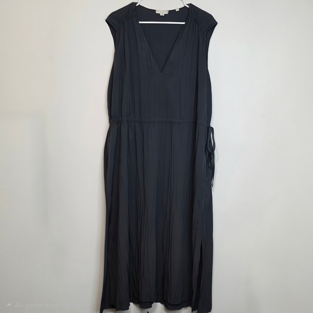 Vince Womens Pleated V-Neck Midi Dress Charcoal Gray 1X V1653151043